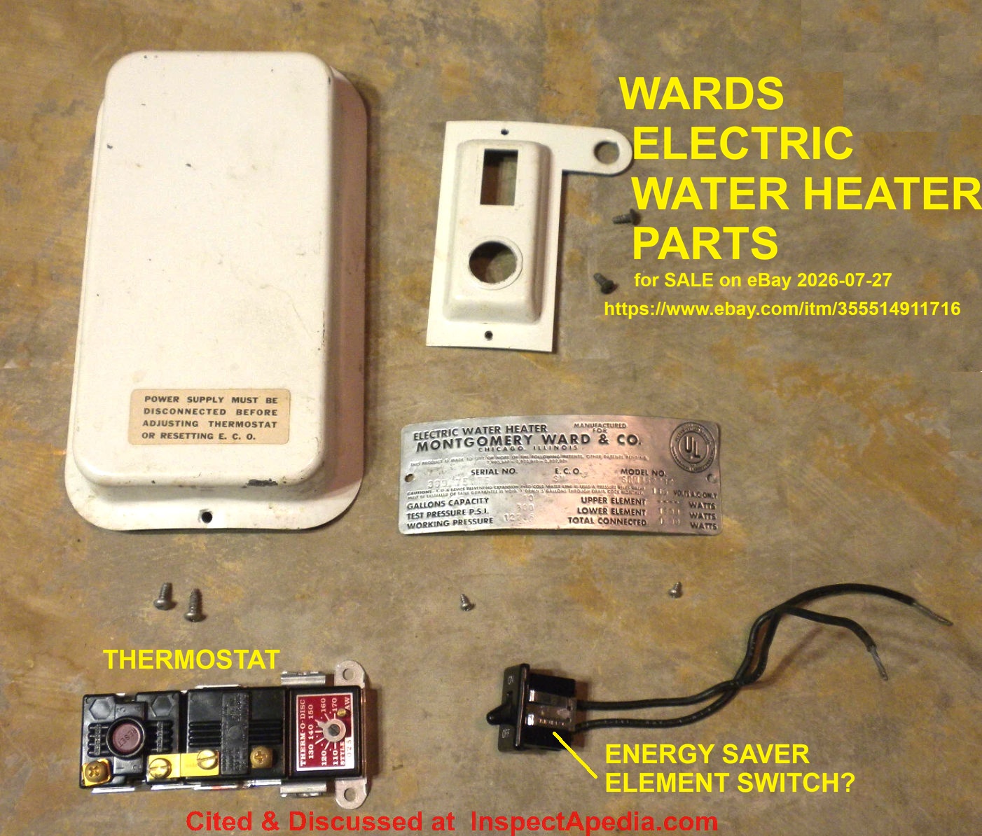 Wards electric water heater parts - single heater element design, cited & discussed at InspectApedia.com, for sale on eBay 