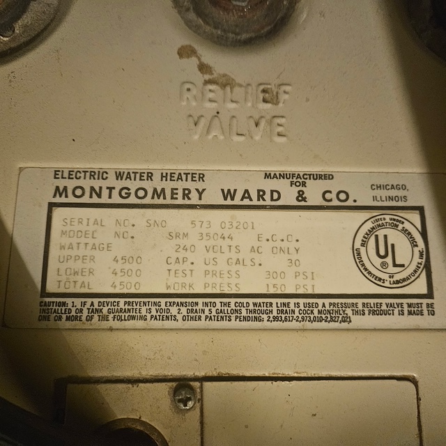 1970's Ward Electric Water Heater Model SRM 35044 (C) InspectApedia.com Harriet