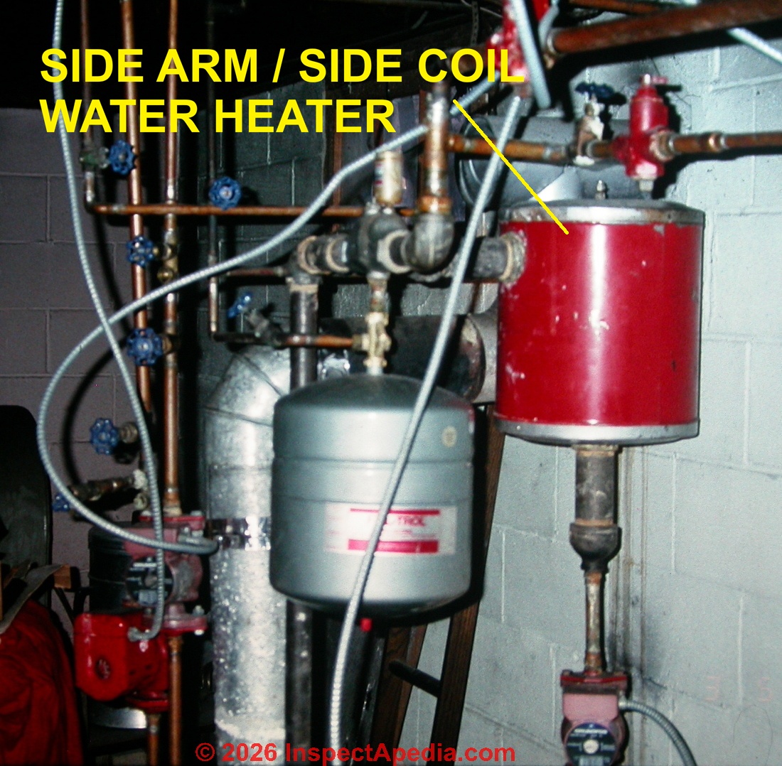 Side Arm / Side Coil water heater (C) InspectApedia.com
