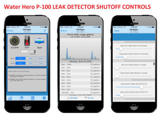 Water Hero P-100 leak detector & automatic shutoff device and app controls cited & discussed at InspectApedia.com