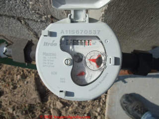 Ltron water meter in Los Mesquites, San Miguel de Allende, GTO, Mexico (C) Daniel Friedman at InspectApedia.com