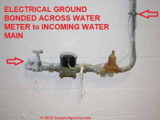 Bond electrical grounding conductor on both sides of the water meter (C) Daniel Friedman at InspectAPedia.com
