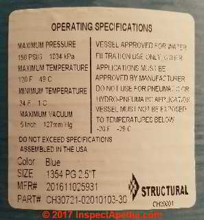 Fleck water softener resin tank  specifications (C) Daniel Friedman