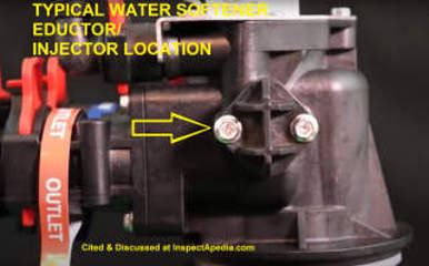 Typical side-located water softener injector (C) InspectApedia.com