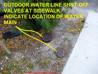 Water shutoffs at street at a Delray Beach FL home - tell us where to find the water main and help find the water meter (C) Daniel Friedman at InspectApedia.com