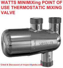 Watts POU Point of Use Thermostatic Mixing valve, Minimixing cited & discussed at InspectApedia.com