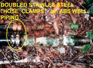 Doubled stainless steel hose clamps used on ABS well piping reduces leak risk and strengthtens the connection (C) Daniel Friedman at InspectApedia.com