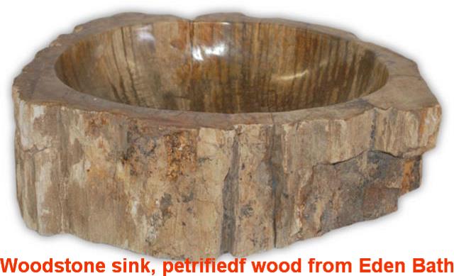 Petrified wood Woodstone sink from Eden Bath www.edenbath.com at InspectApedia.com 2016
