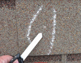 Asphalt roof shingle hail damage claim procedure & results (C) Inspectapedia.com JenkinsP
