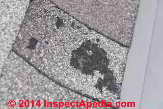 Asphalt shingle damage from hail or product defect (C) InspectAPedia JF