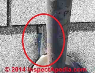 Leak at plumbing vent due to excessive shingle exposure & tab cutout (C) InspectApedia Pam Lewis