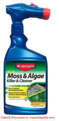 BioAdvanced roof moss & algae killer & cleaner - cited & discussed at InspectApedia.com