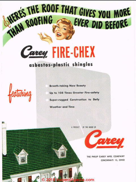 Carey Fire-Chex asbestos-plastic roof shingles (C) InspectApedia.com original ad 1950