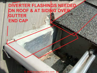 Flashing omitted at roof-wall and over gutter end cap cause leaks (C) Inspectapedia.com Ed