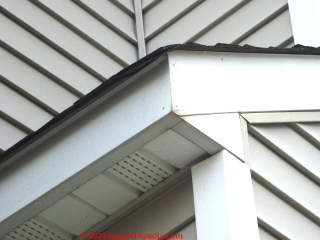 Aluminum drip wrap detail at gable ends - drip wrap lip bend substitutes for drip edge (C) InspectApedia.com Arlene Puentes