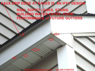 Faux drip edge aluminum fascia wrap does not perform well (C) InspectApedia.com Arlene Puentes