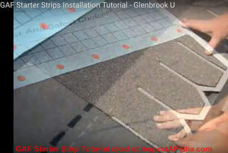 GAF asphalt shingle starter strip for high wind applications, excerpted from GAF tutorial cited in detail at InspectApedia.com