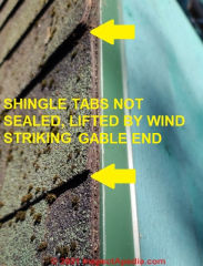 Flapping aspalt shingle caused by combination of failure to seal and wind uplift at gable end (C) Daniel Friedman at InspectApedia.com