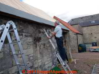 Roofing contractor inspecting roof edge (C) InspectApedia.com Trudy Seeger Perkins Preferred Roofing TX USA