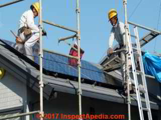 Roofing contractor inspecting roof edge (C) InspectApedia.com Trudy Seeger Perkins Preferred Roofing TX USA