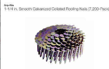 Smooth galvanized roof  nails in coil sold by Home Depot, at InspectApedia.com