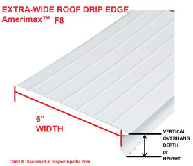 Amerimax 6-inch wide roof drip edge cited & discussed at InspectApedia.com