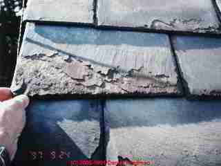 Slate roof deterioration example = soft flaking slates (C) Daniel Friedman