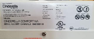 Record the model and serial number of your Cinderella toilet from the label on the toilete upper back side (C) Daniel Friedman at InspectApedia.com