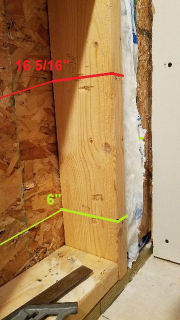 Marking the cut height lines on the exterior wall so that we have proper height above the floor to use the round hole saw for Cinderella toilet installation  - (C) Daniel Friedman at InspectApedia.com