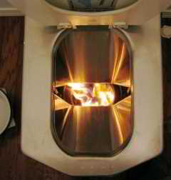 Incinolet incinerating toilet in action - abnormal condition with fire and flame exposed (C) Wombatnation.com used with permission InspectApedia.com