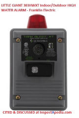 Little Giant 303HWXT High Water Alarm from Franklin Elecdtric, cited & discussed at InspectApedia.com