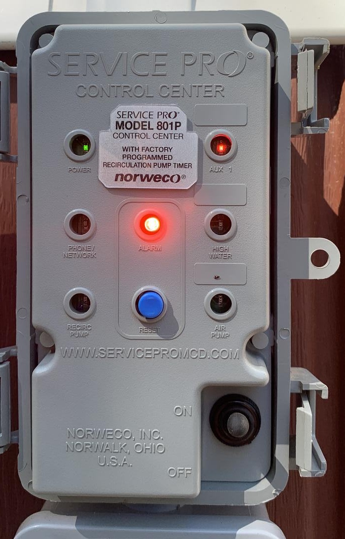 Norweco Servcie Pro Model 801P septic alarm codes & manual at InspectApedia.com