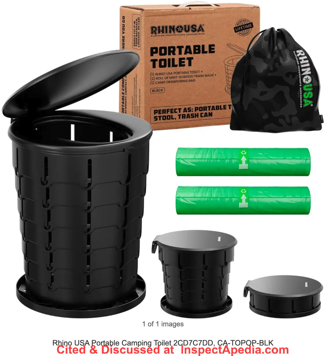 Rhino portable camping toilet, simplest and lowest cost approach - cited & discussed at InspectApedia.com