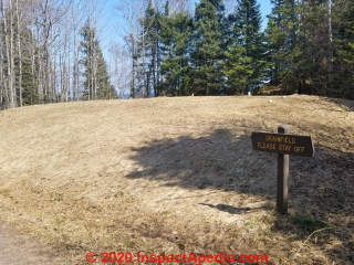 Septic mound system with keep-off sign at Split Rock lighthouse park, Lake County MN (C) Daniel Friedman at InspectApedia.com