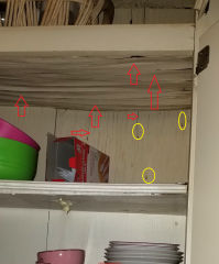 Chronic leaks into walls have delaminated this cabinet back in an Arkansas rental home (C) InspectApedia.com CH