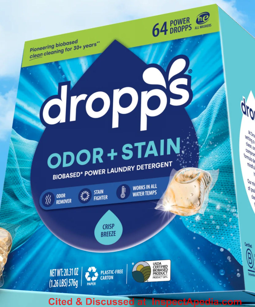 Dropps Odor + Stain laundry detergent can help remove urine odor from clothing - cited & discussed at InspectApedia.com