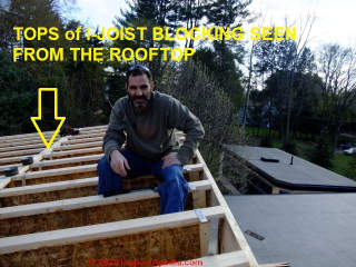 I joist blocking tops visible from the rooftop of this I-Joist roof (C) Daniel Friedman at Inspectapedia.com