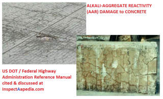 AAR Alkali Aggregate Reactivity Damage to Concrete, US DOT, FHA at InspectAPedia.com