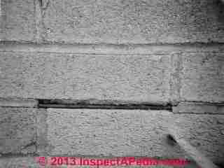 Exfoliating rust damage at steel reinforcing mesh in brick veneer wall © Daniel Friedman at InspectApedia.com