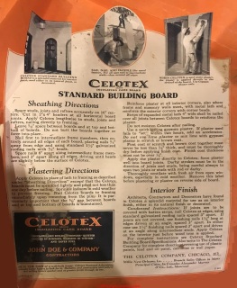 Celotex Standard Building Board label found ina 1929 home (C) InspectApedia.com Denise