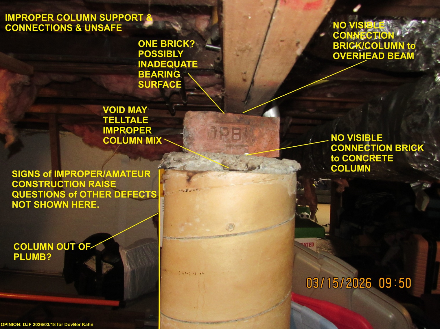 Concrete column with improper bearing ( a single brick) and no visible structural connections to the overhead beam (C) InspectApedia.com Kahn
