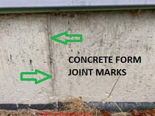 Concrete foundation form joint marks at a Connecticut home (C) InspectApedia.com ML
