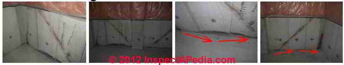 Photograph of contraditory diagonal "cracks" in a poured concrete foundation wall (C) InspectAPedia & C.C. 