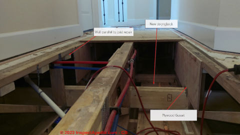 Floor truss repairs in process: added strongback, plywood gussets, & support below a non-load-bearing partition wall that runs parallel to the trusses (C) InspectApedia.com CB