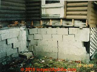 Collapsing concrete block foundation (C) InspectApedia Carson Dunlop Associates Toronto