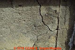 Iron suffide pyrrhotite cracks in a Connecticut Founation  (C) CCAB & Inspectapedia.com