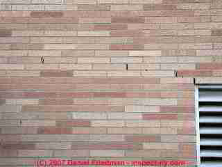 Brick veneer over concrete block, no expansion joints © Daniel Friedman at InspectApedia.com