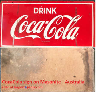 Coca Cola sign on Masonite for sale on Ebay n 2020, located in Australia (C) InspectApedia.com