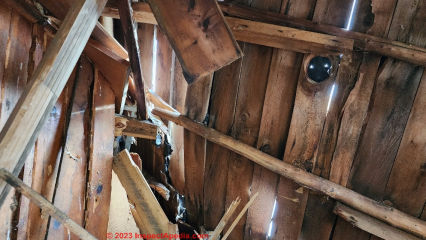 Roof framed with small undersized saplings collapsed on this log home in Michigan (C) D Friedman at InspectApedia.com