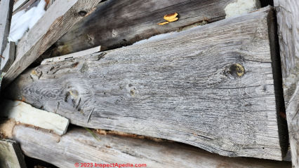 Flat sawn logs used on antique log home, Northern Michigan UP Rte 28 (C) Daniel Friedman at InspectApedia.com